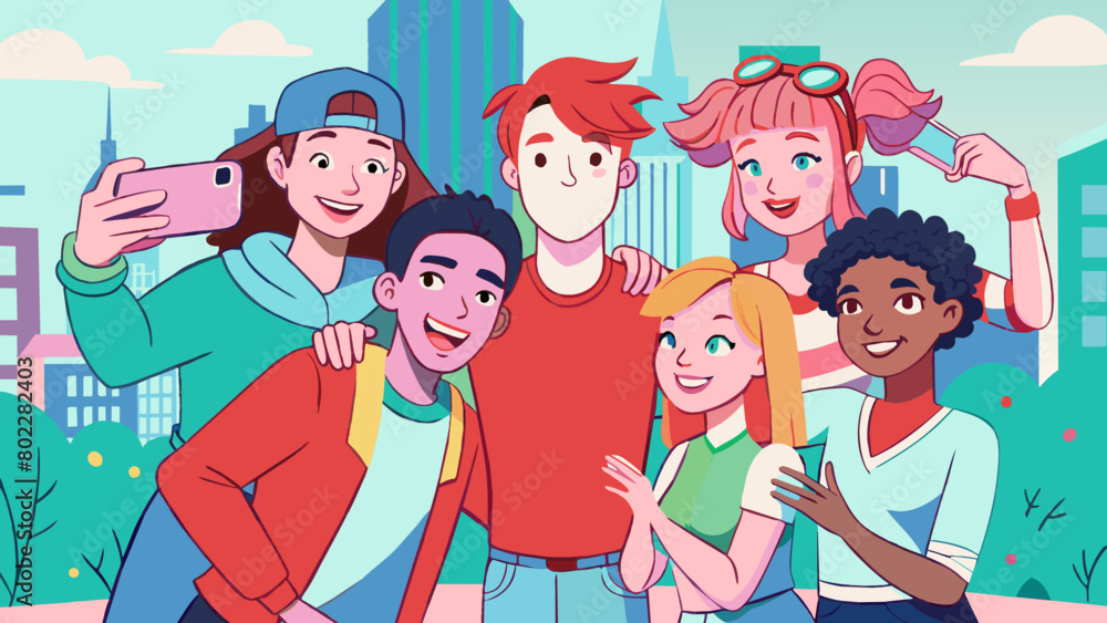 Diverse Group of Friends Taking a Selfie in the City Diverse Group of Friends Taking a Selfie in the City