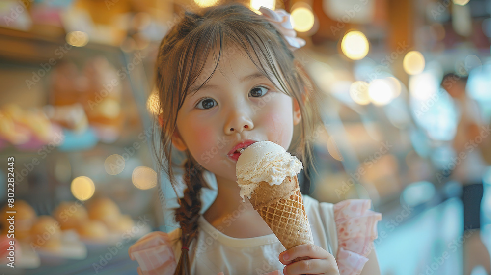 A young girl enjoys a vanilla ice cream cone in a bakery setting, with soft lighting enhancing the ambiance of a sweet moment. A young girl enjoys a vanilla ice cream cone in a bakery setting, with soft lighting enhancing the ambiance of a sweet moment.