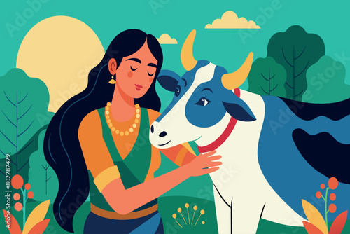 A woman is petting a cow in a field