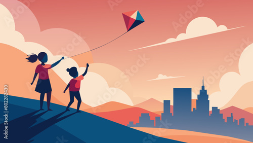 Children Flying Kite at Sunset Over City Skyline