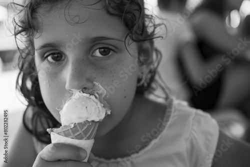 A young girl with curly hair enjoying a vanilla ice cream cone  with a bite taken  looking at the camera in a monochrome photograph.