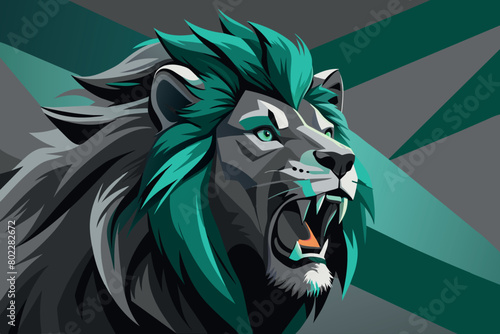 A cartoon lion with green hair and a blue mouth