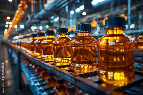 Rows of orange medicinal bottles on conveyors in a pharmaceutical manufacturing plant