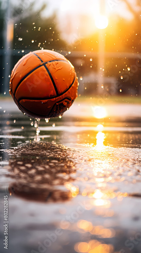 Basketball on the court with rainy day basketball background