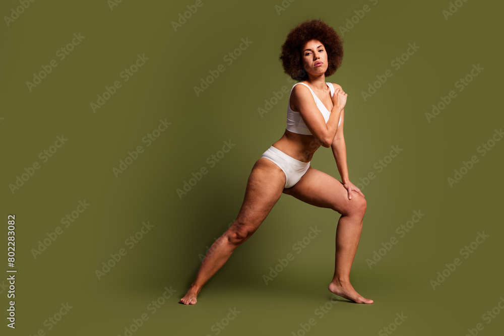 No filter full length photo of confident lady underwear lingerie accepting imperfect skin empty space isolated khaki color background