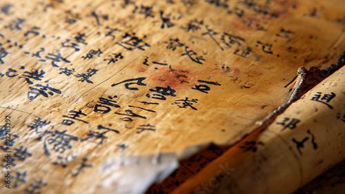 A close-up image of traditional calligraphy on weathered parchment, showcasing the beauty of written language and preserving the cultural heritage of storytelling photo