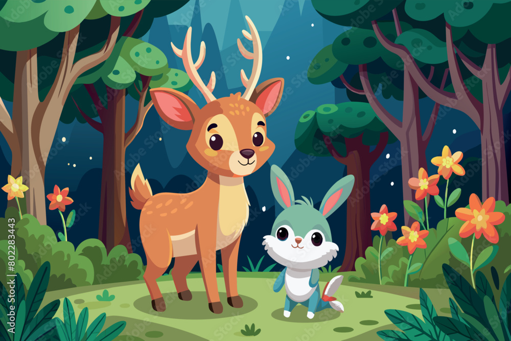 Fototapeta premium A cartoon of a deer and a rabbit standing in a forest