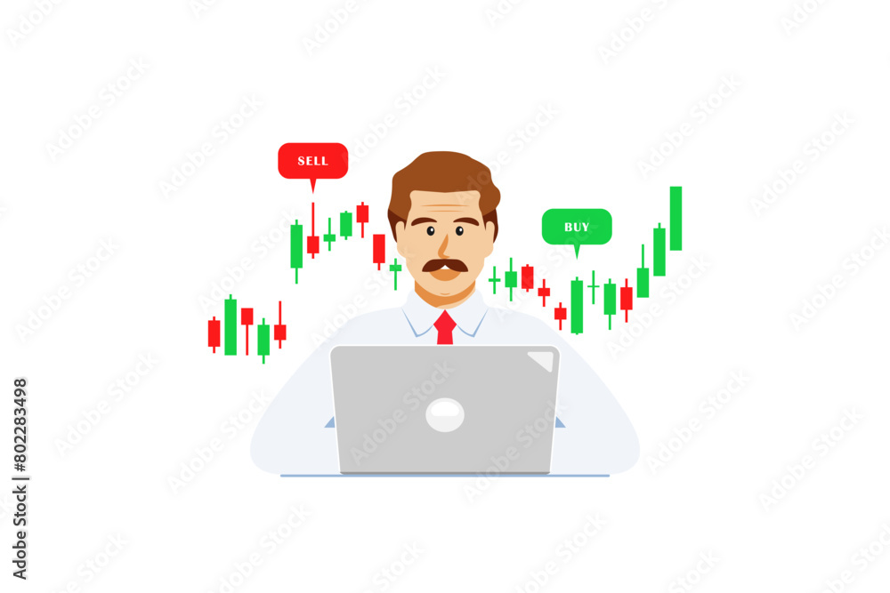 Businessman trading stock market with laptop on isolated background, Vector illustration. Businessman trading stock market with laptop on isolated background, Vector illustration.