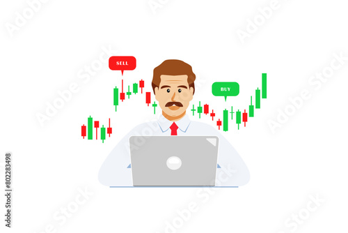 Businessman trading stock market with laptop on isolated background, Vector illustration.