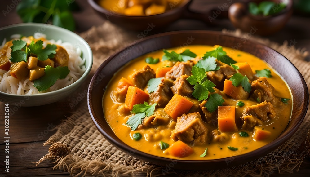 Yellow curry with pumpkin and pork.
