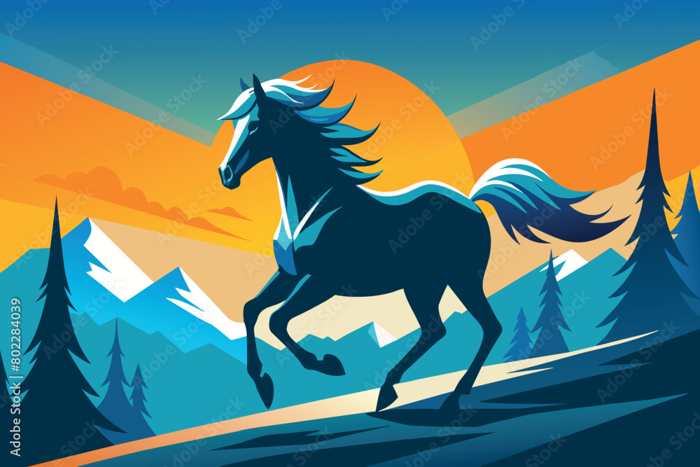 A horse is running through a forest with mountains in the background A horse is running through a forest with mountains in the background