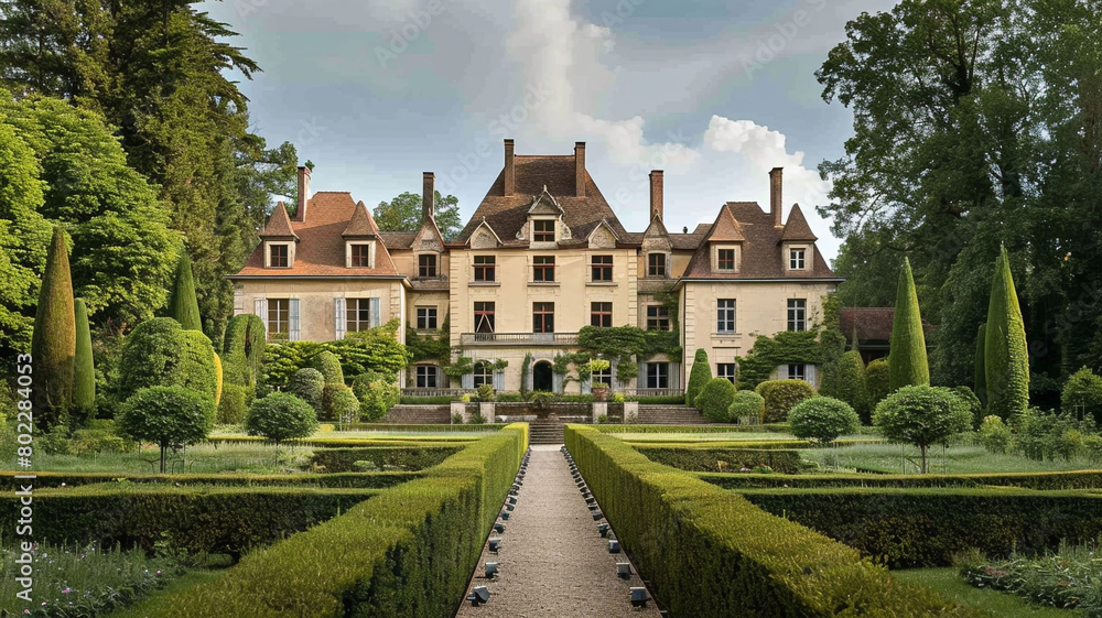 A photograph capturing the elegance of a traditional French ch??teau, surrounded by manicured gardens and reflecting the architectural grandeur of France's historical estates