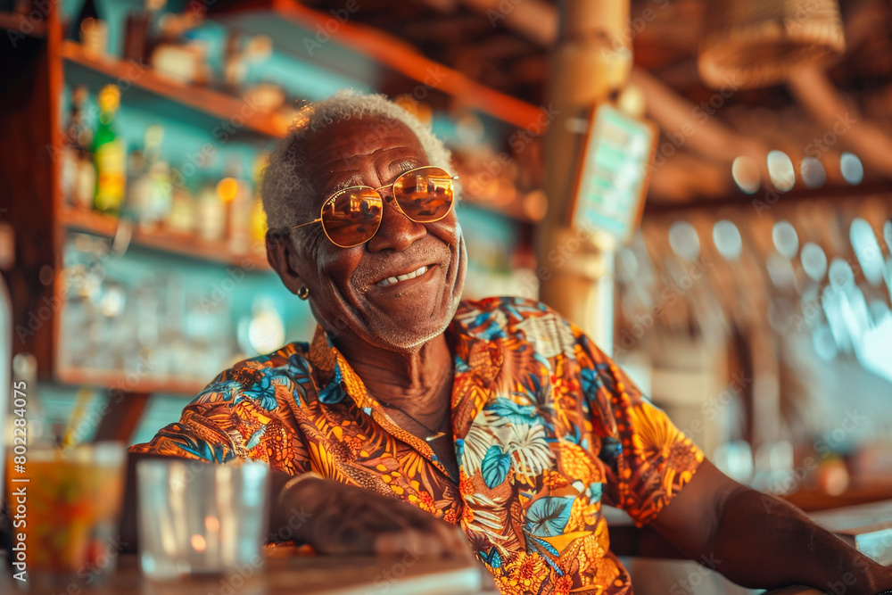 Obraz premium Elderly African American man at a beach bar, enjoying a drink, experiencing the warmth of summer.
