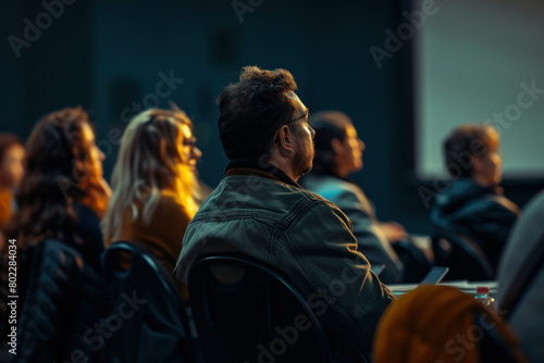Diverse audience sitting in chairs in front of projection screen in auditorium for a presentation event © SHOTPRIME STUDIO