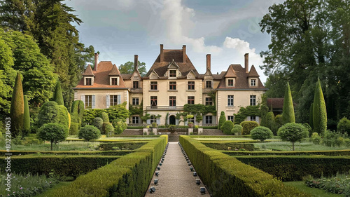 A photograph capturing the elegance of a traditional French ch??teau, surrounded by manicured gardens and reflecting the architectural grandeur of France's historical estates photo