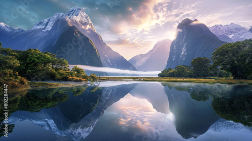 A tranquil lakeside landscape surrounded by mountains, with a mirrored reflection of the snow-capped peaks in the calm waters, creating a serene and picturesque mountain scene photo