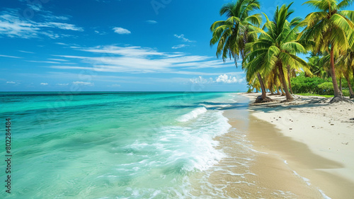 A tropical beach with palm trees swaying in the breeze  clear turquoise waters  and white sand stretching to the horizon  capturing the idyllic beauty of a paradise getaway