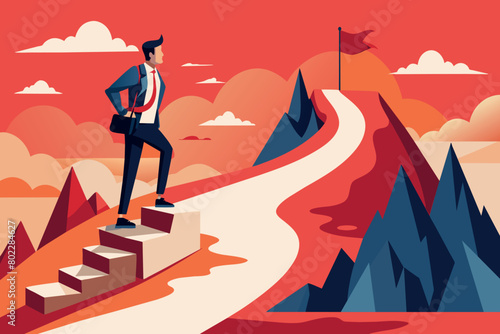 A man is standing on a set of steps looking up at a mountain