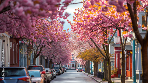 A vibrant city street lined with cherry blossom trees in bloom  their branches forming a beautiful canopy of pink and white flowers  creating a picturesque urban spring scene