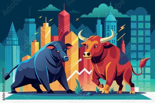 Two bulls are fighting in front of a city skyline