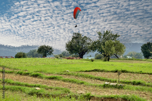Beautiful landscape view with Paragliders in the sky at Bir Billing Himachal Pradesh.