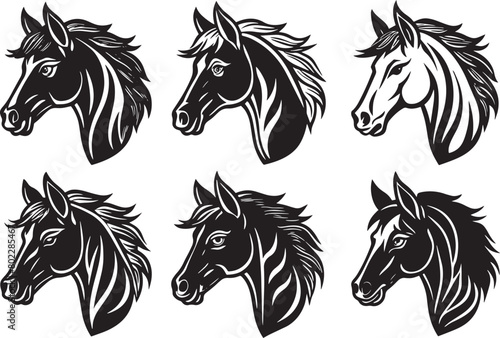 Horse head set - black and white vector illustrations. Isolated on white background.