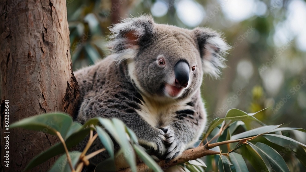 Fototapeta premium Koala sitting on the branch of a Eucalyptus tree