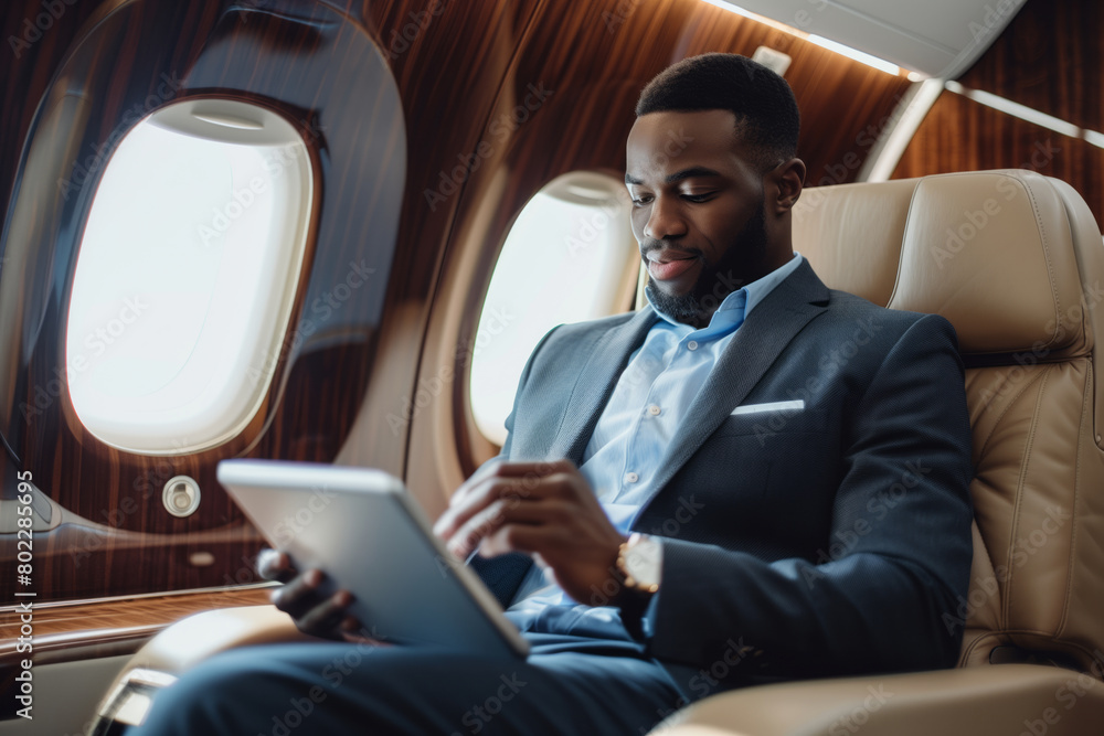 African american businessman in suit using tablet in airplane during business trip. Shallow depth of field African american businessman in suit using tablet in airplane during business trip. Shallow depth of field