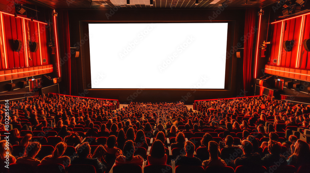 White, blank big cinema screen for mock up, in a movie theater filled with an audience White, blank big cinema screen for mock up, in a movie theater filled with an audience