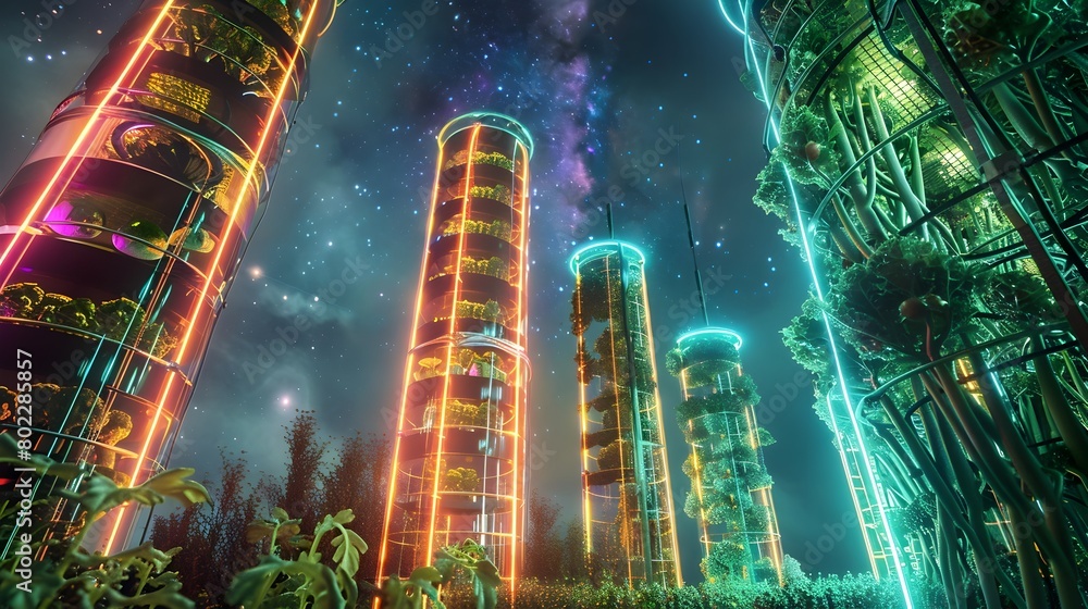 Futuristic Organic Vegetables Soaring Hydroponic Greenhouses Under a Starlit Sky Generative ai