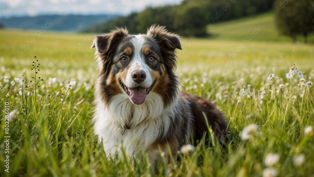 Australian shepherd dog in a lush green grassland Australian shepherd dog in a lush green grassland