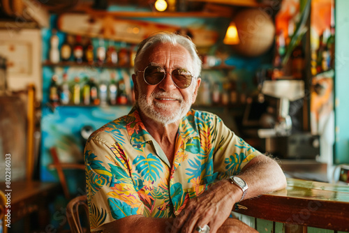 Aged gentleman at a beach bar, relishing in the warmth of vacation. © Pavel