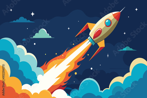 A cartoon rocket is flying through the sky with a trail of fire behind it