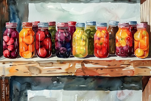 An image of colorful jars of various pickled vegetables and fruits on a wooden shelf.
