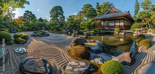 A rock garden in Kyoto, Japan, with a traditional house in the background.