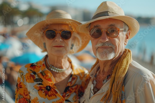 An older couple wearing sun hats and sunglasses, posing confidently