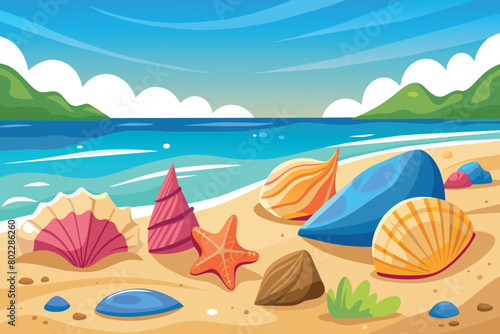 A beach scene with a variety of shells and a starfish