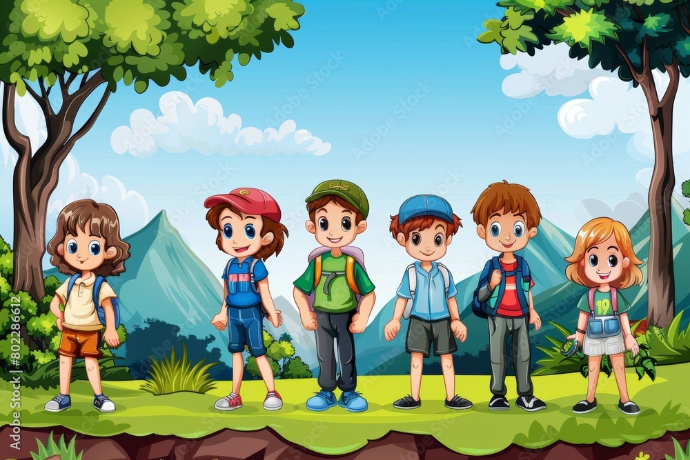 Group of kids hiking in the forest background illustration vector graphic design. Group of kids hiking in the forest background illustration vector graphic design.