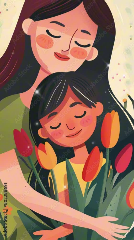Happy Mother's Day Background. Graphic Illustration of a Mother Hugs Her Daughter Happy Mother's Day Background. Graphic Illustration of a Mother Hugs Her Daughter