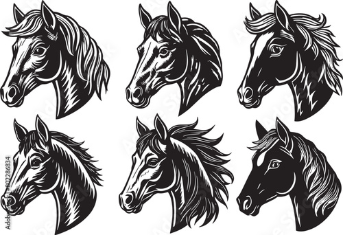 Set Off Horse heads. Set of black and white illustrations