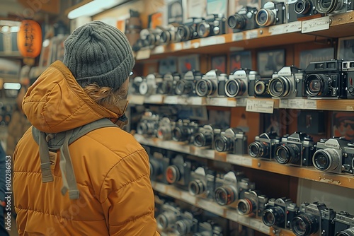 A young female in a winter outfit attentively looks at retro cameras lined up on shelves inside a cozy camera shop photo