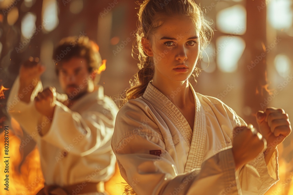 Female karate martial artist training with a male partner, backlit with fire Female karate martial artist training with a male partner, backlit with fire