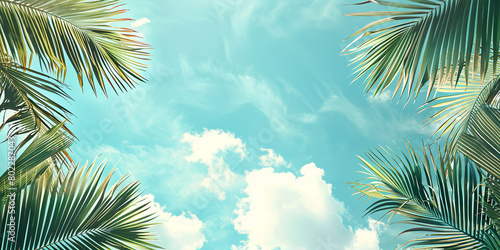 palm leaves  blue sky  pastel colored bright and airy photography