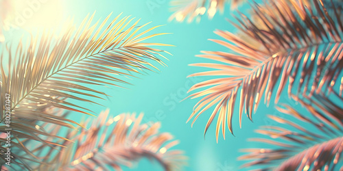 palm leaves, blue sky, pastel colored bright and airy photography