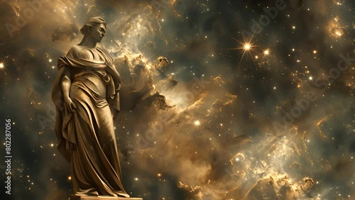 A statue of a woman is shown in a space filled with stars and clouds. Concept of wonder and awe at the vastness of the universe and the beauty of the stars photo
