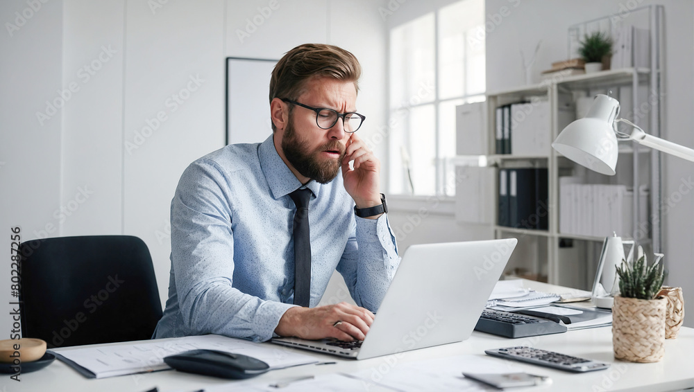 Tired businessman using laptop in office. Headache, problems, fatigue, burnout at work. Tired businessman using laptop in office. Headache, problems, fatigue, burnout at work.