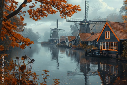 A peaceful Dutch scene unfolds with traditional windmills beside serene waterways, framed by vibrant autumn foliage and a hazy sky, evoking a sense of nostalgia photo
