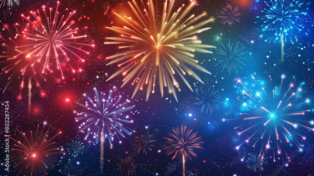 Exploding festival firework Festive show in night sky Flashes of celebratory salutes Holiday celebration scene Colorful flat vector cartoon illustration Exploding festival firework Festive show in night sky Flashes of celebratory salutes Holiday celebration scene Colorful flat vector cartoon illustration