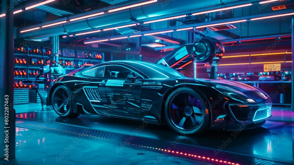 A futuristic car with holographic interfaces suspended in a high-tech mechanics workshop under neon lights A futuristic car with holographic interfaces suspended in a high-tech mechanics workshop under neon lights