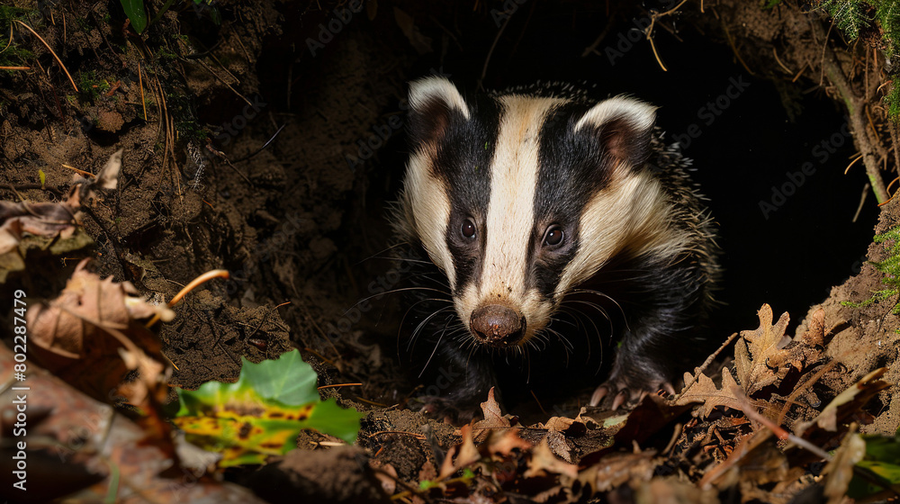 Fototapeta premium A badger emerging from its burrow